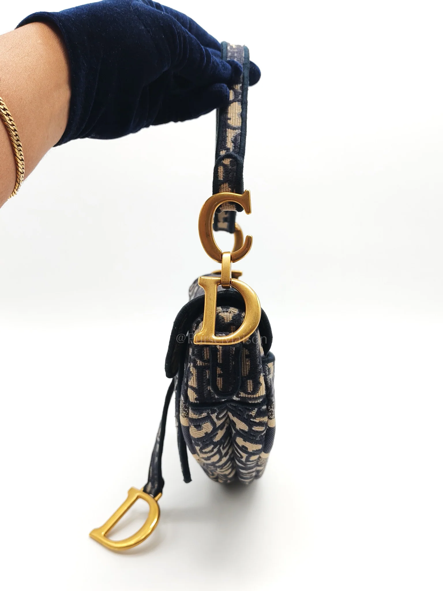 Christian Dior Saddle Bag Medium in Blue Oblique Jacquard Canvas & Aged Gold Hardware - Image 7