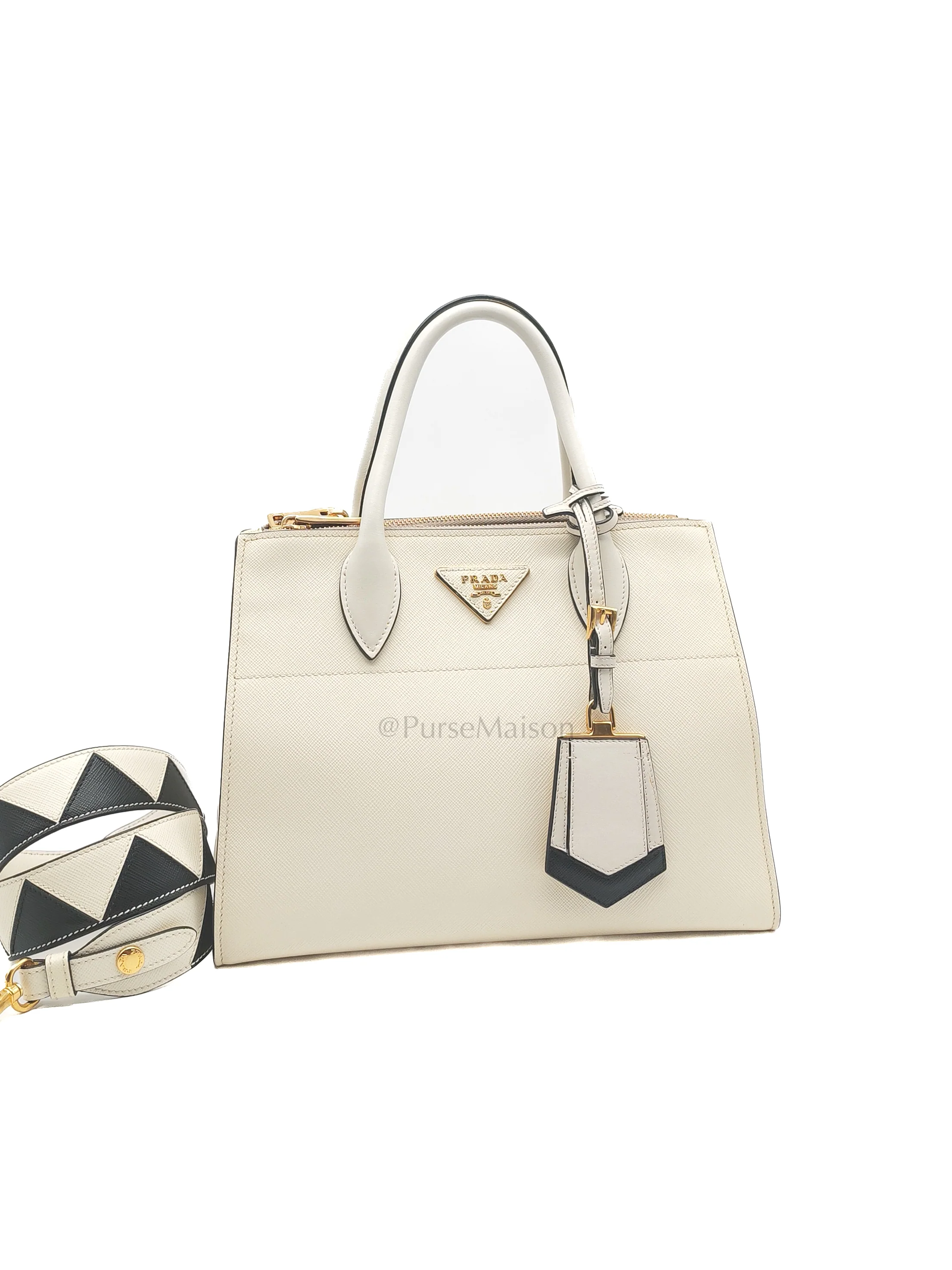 Prada 1BA103 Paradigme in Off-White Saffiano City Calfskin Greche Shoulder Bag - Image 2