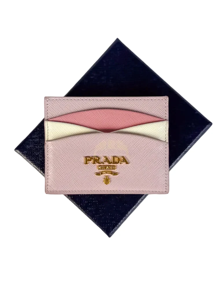 Prada Saffiano Lux Card Holder in Light Pink Leather & Gold Hardware - Image 2