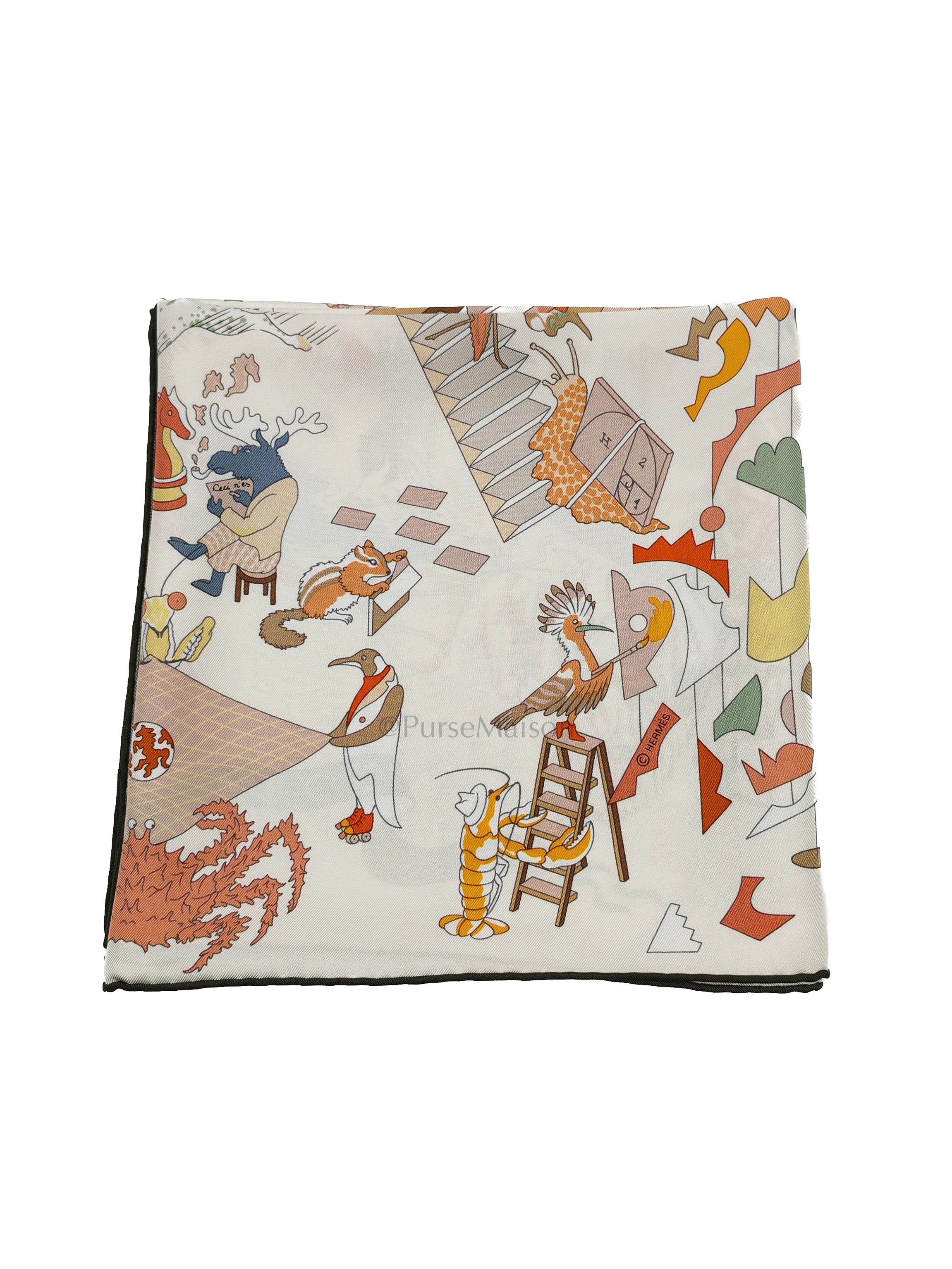 Hermes Academia Hippica in White Rose Poudre Beige Silk Scarf 90x90 cm - Image 2