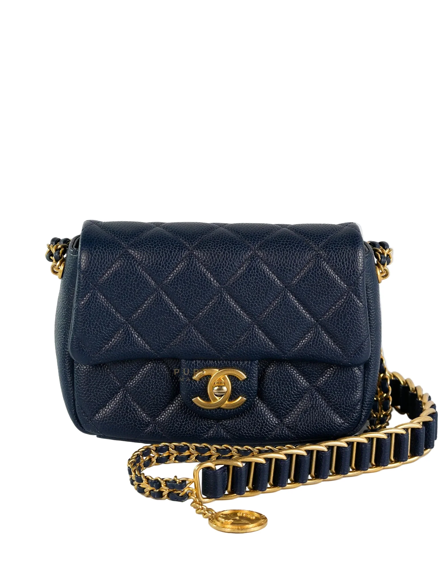 Chanel Chain Soul Flap in Navy Blue Caviar Leather and Aged Gold Hardware (Microchip)