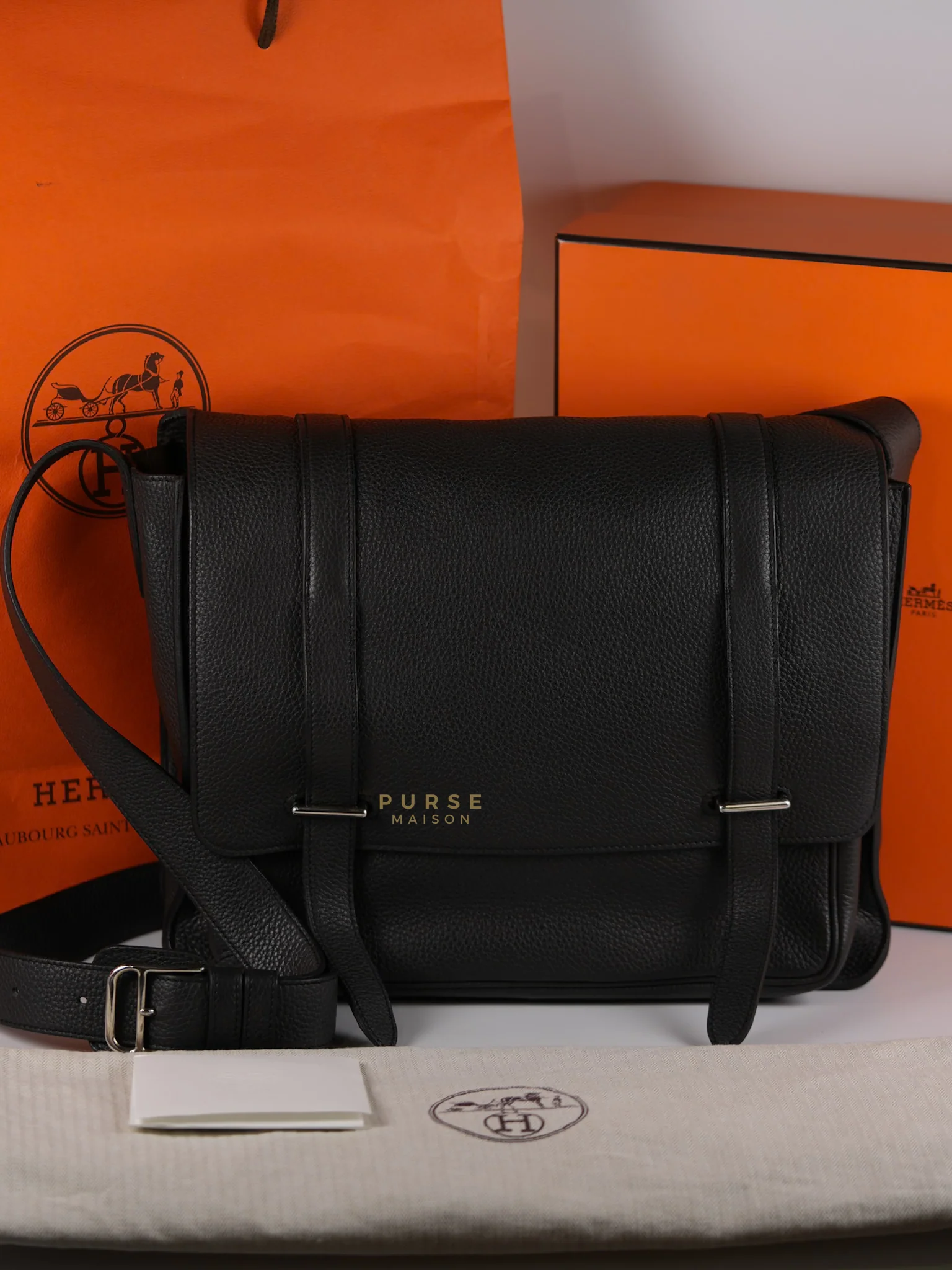 Hermes Steve Messenger 35 in Noir & Etoupe Clemence Leather Palladium Hardware Stamp X(2016) - Image 47