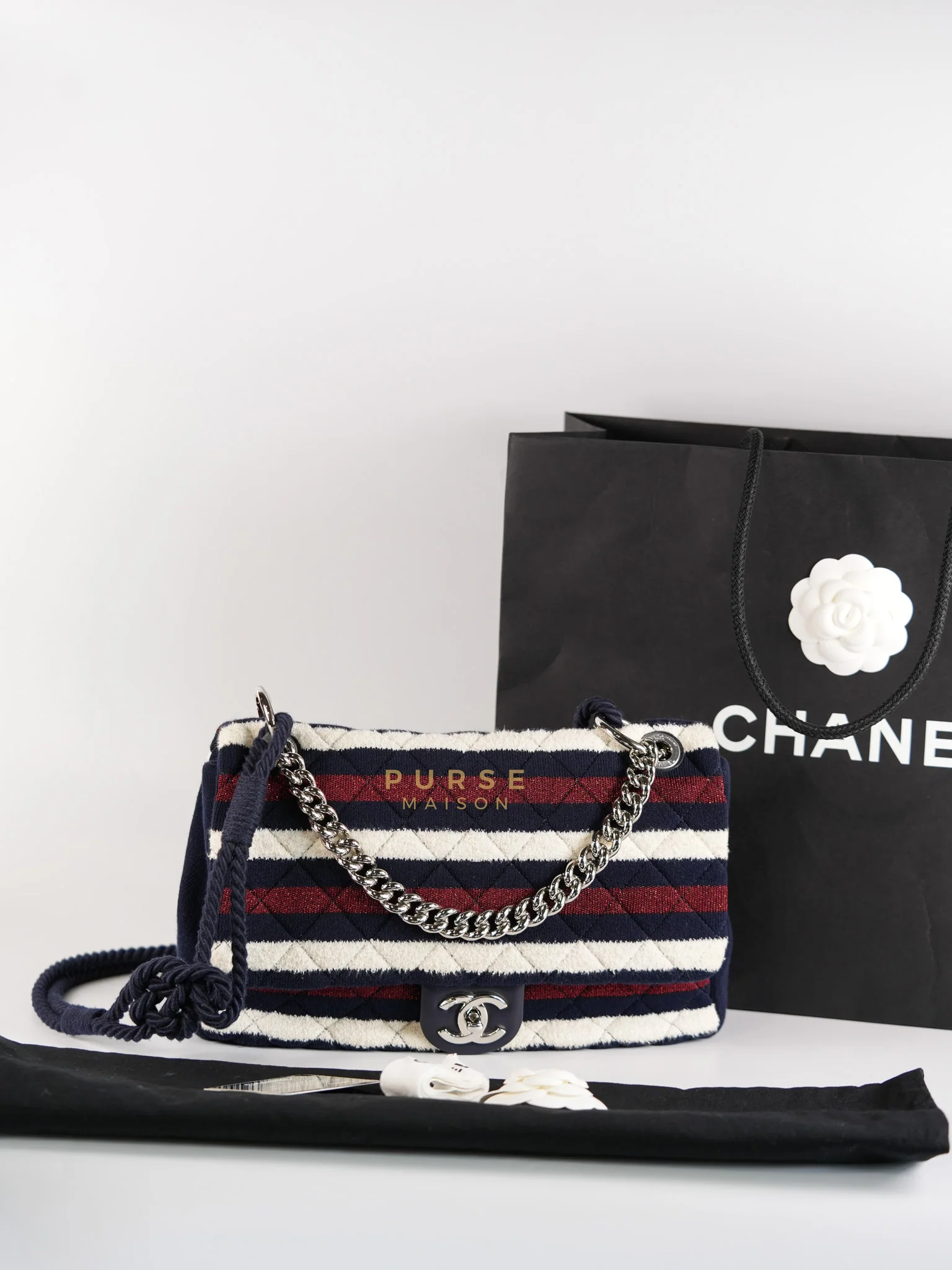 Chanel Stripe Flap Jumbo in Multicolor in Jersey Rope Silver Hardware Series 27 - Image 29