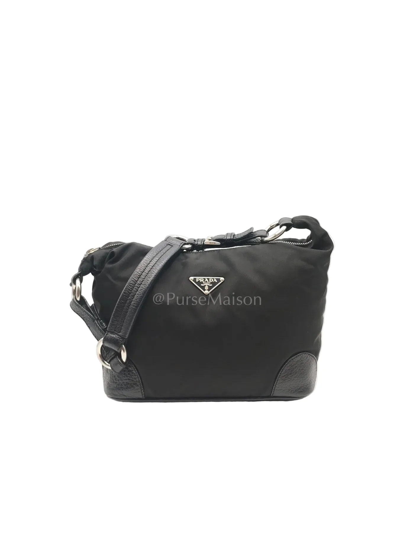 Prada Tessuto Shoulder Bag in Black Nylon Canvas & Silver Hardware