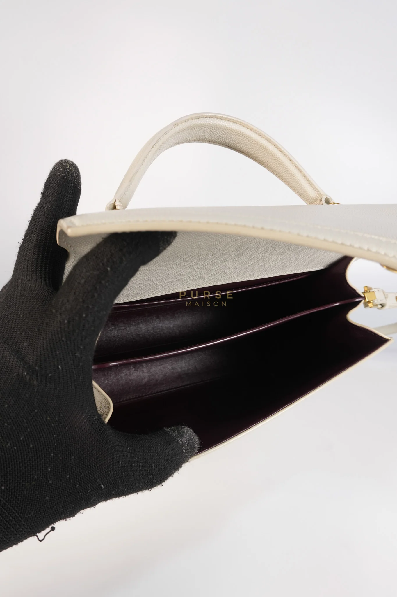 Yves Saint Laurent Cassandra Top Handle Medium in Off White Grained Calfskin Leather - Image 25