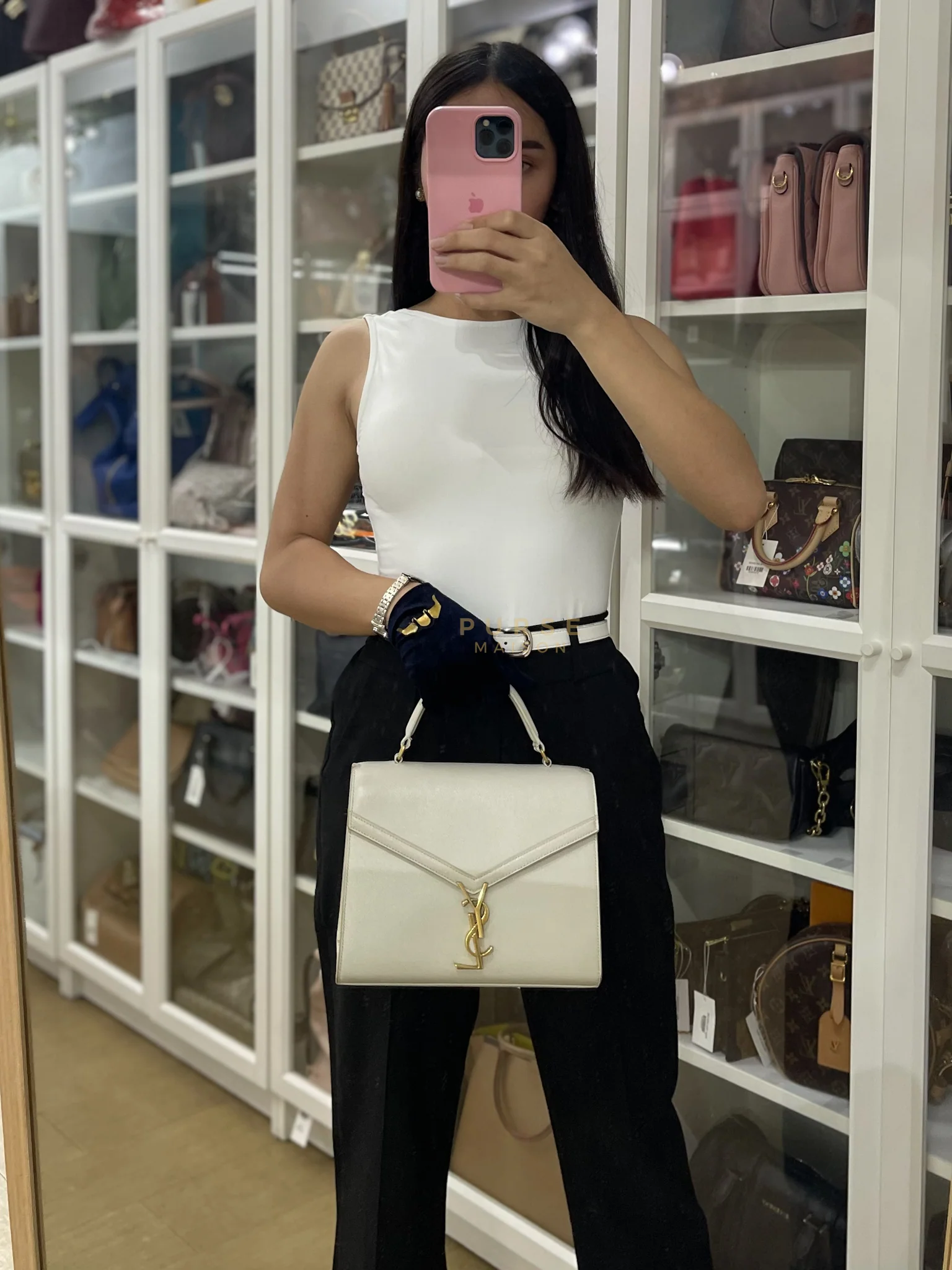 Yves Saint Laurent Cassandra Top Handle Medium in Off White Grained Calfskin Leather - Image 46