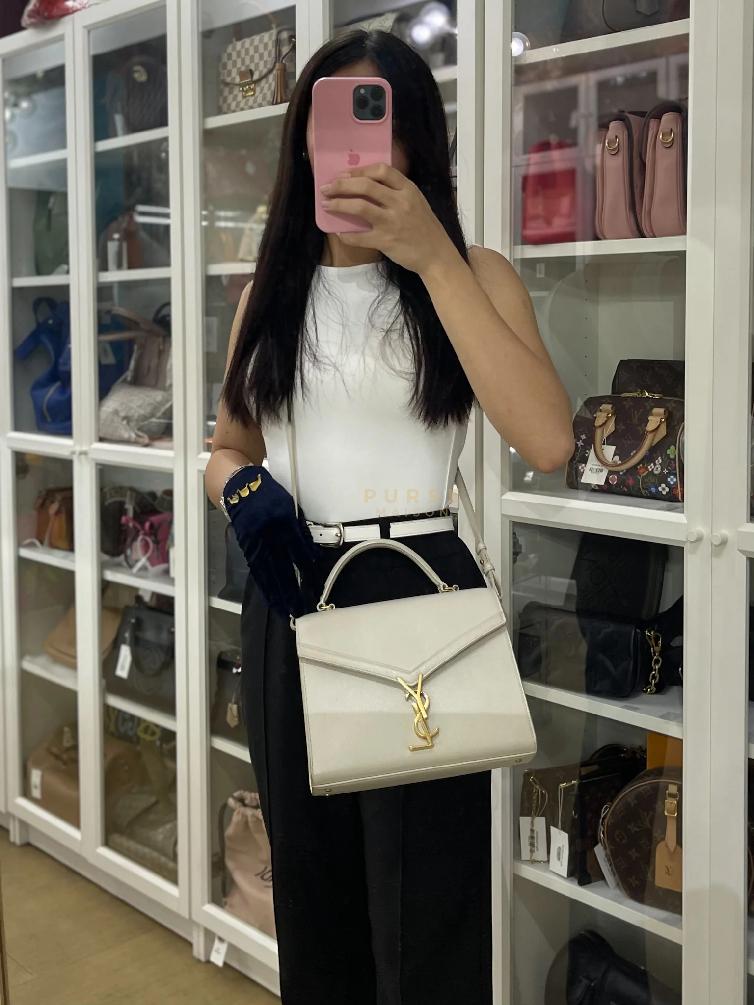 Yves Saint Laurent Cassandra Top Handle Medium in Off White Grained Calfskin Leather - Image 47