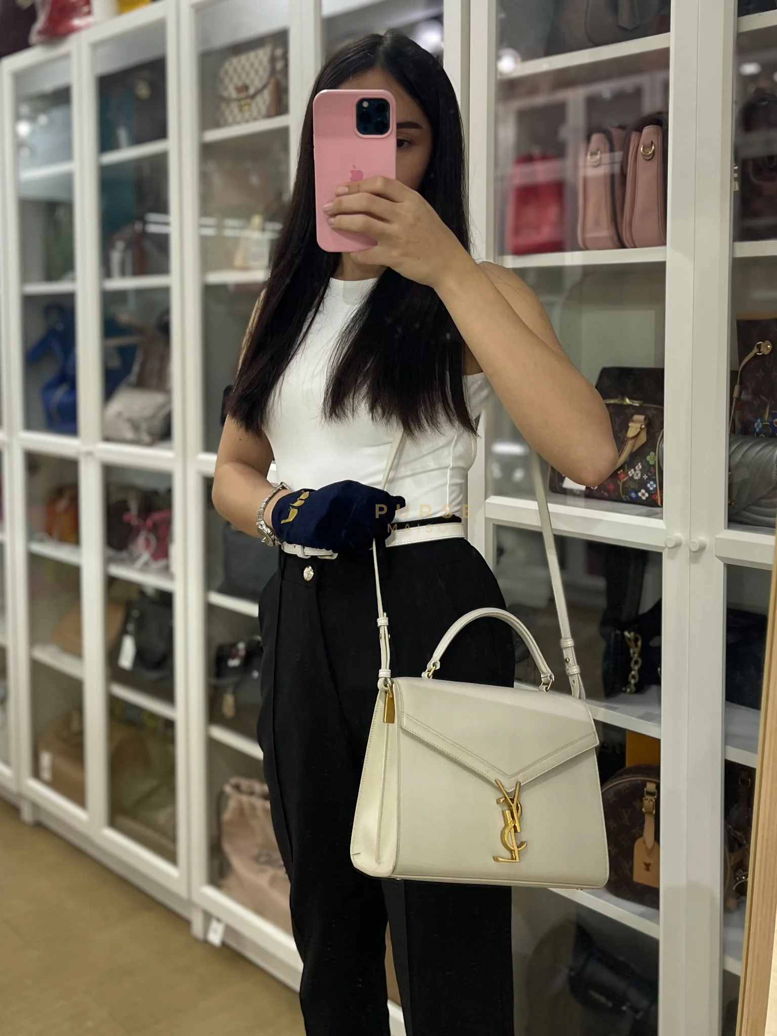 Yves Saint Laurent Cassandra Top Handle Medium in Off White Grained Calfskin Leather - Image 48