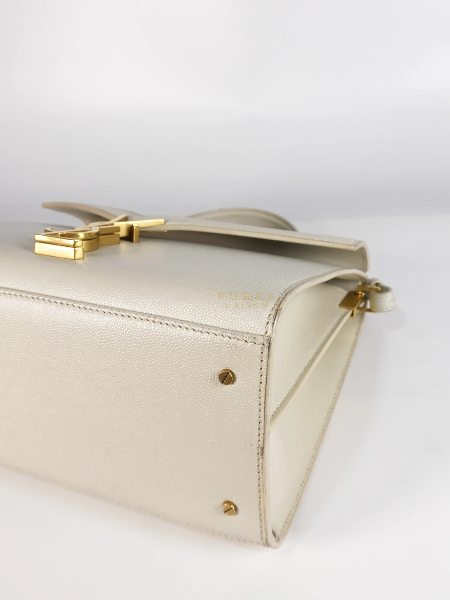 Yves Saint Laurent Cassandra Top Handle Medium in Off White Grained Calfskin Leather - Image 9