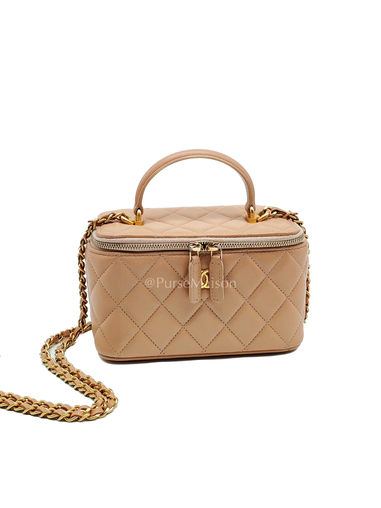 Chanel Vanity Case Top Handle Beige in Quilted Lambskin Leather and Aged Gold Hardware Series 31 - Image 3