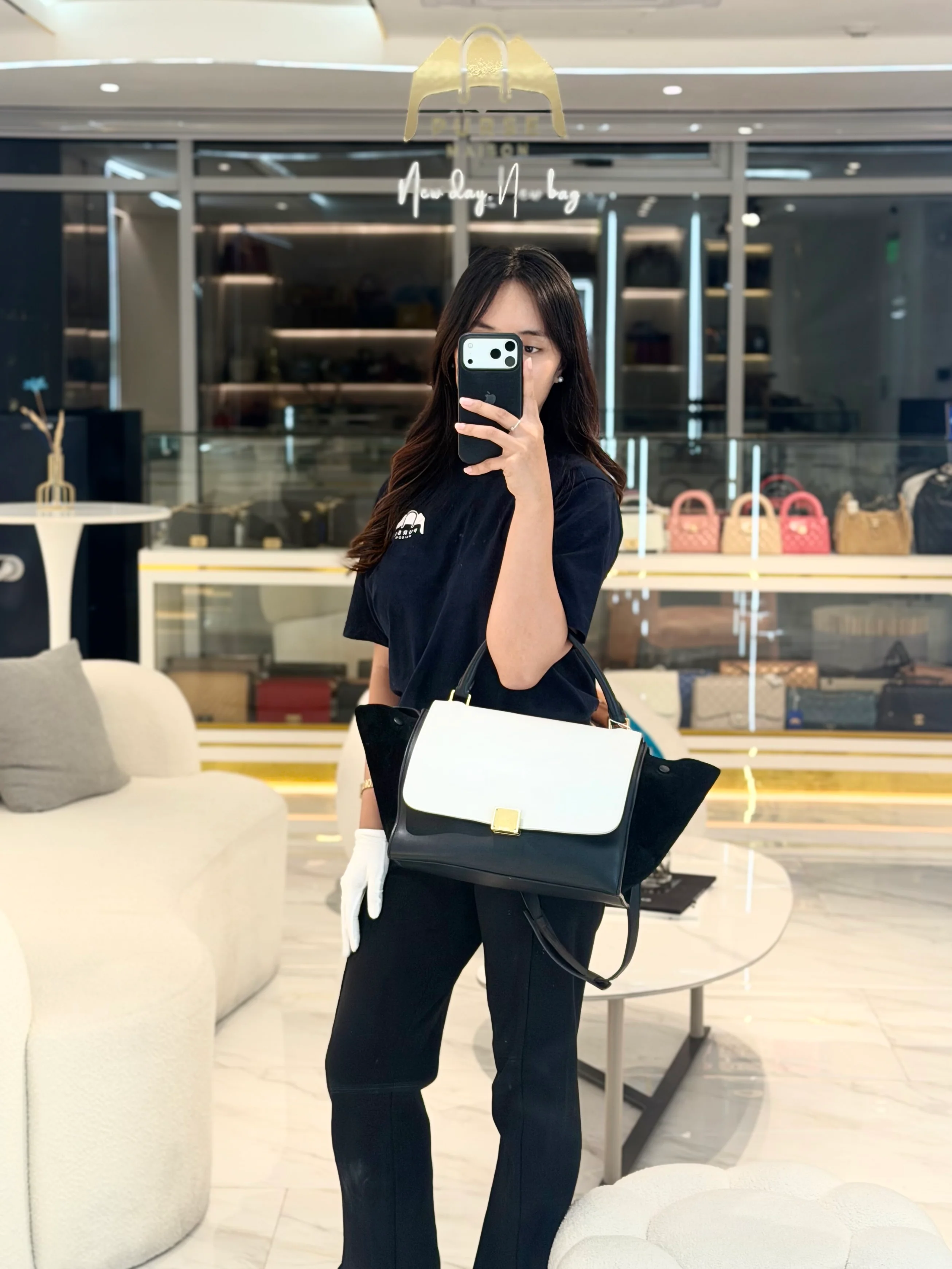 Celine Trapeze Medium in BlacK/White Suede and Calfskin Leather - Image 39