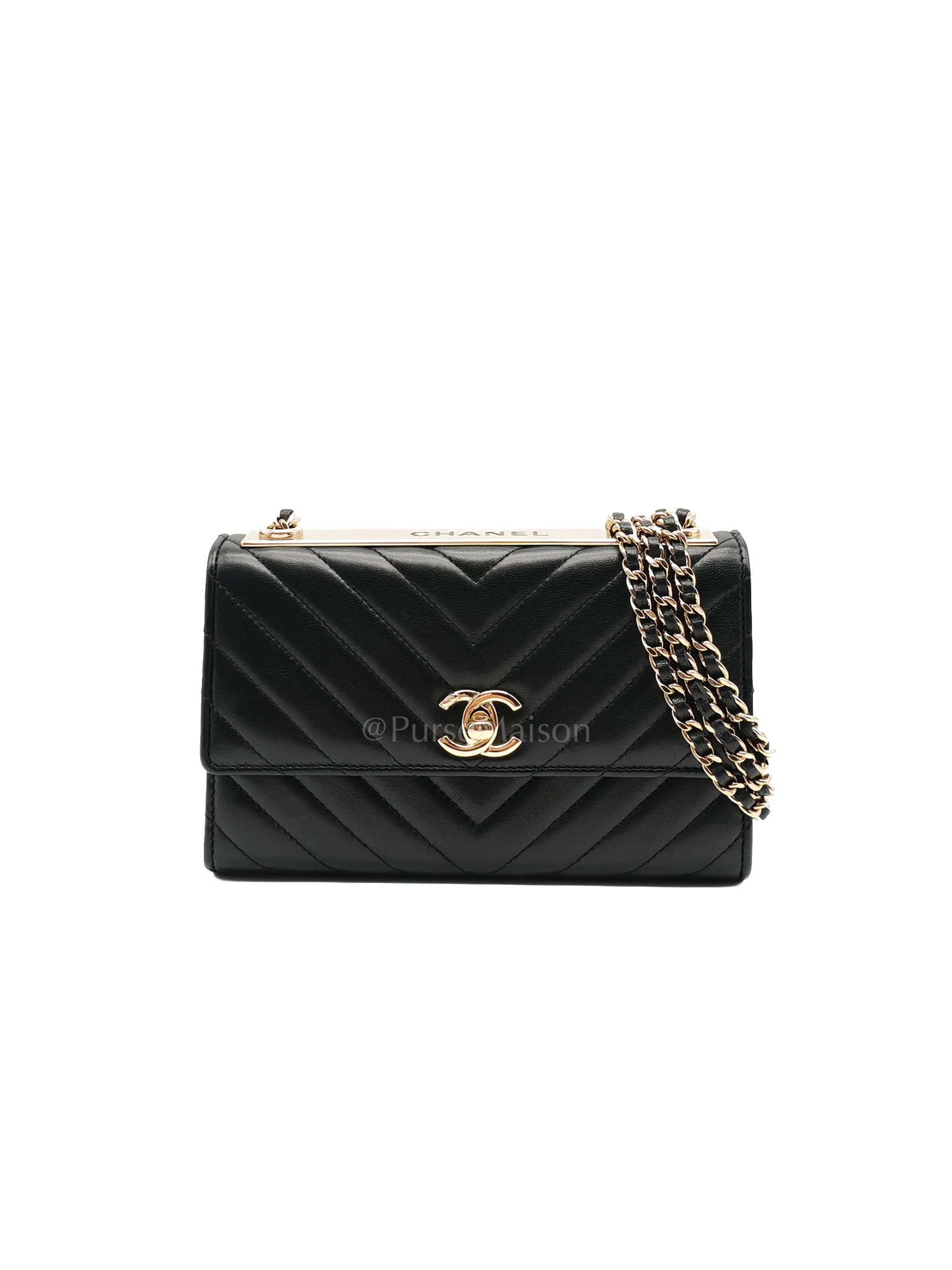 Chanel Trendy Wallet on Chain(WOC) Black Lambskin Leather in Light Gold Hardware (Series 25****00)