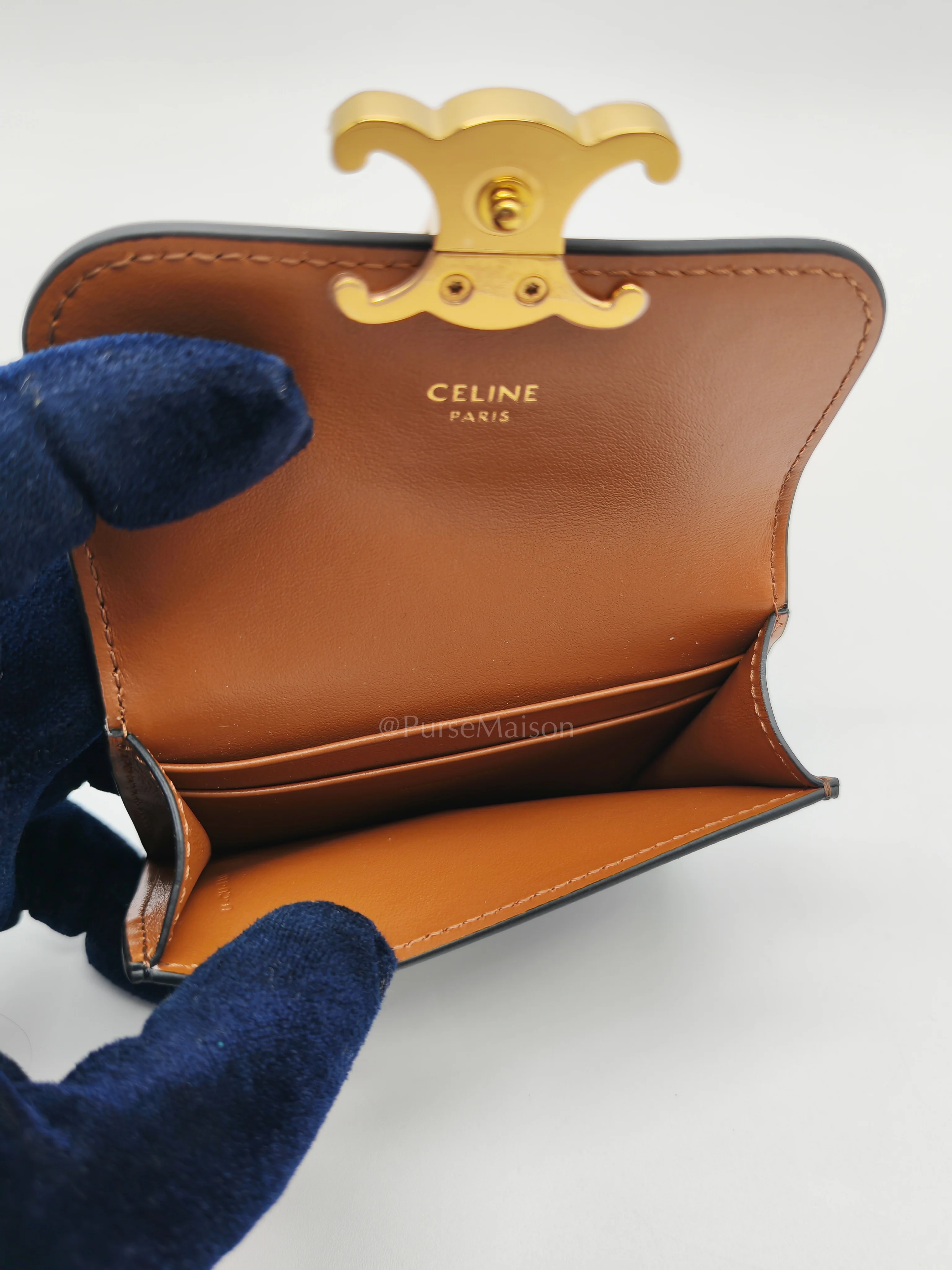 Celine Triomphe Compact Wallet in Black & Gold Hardware - Image 15