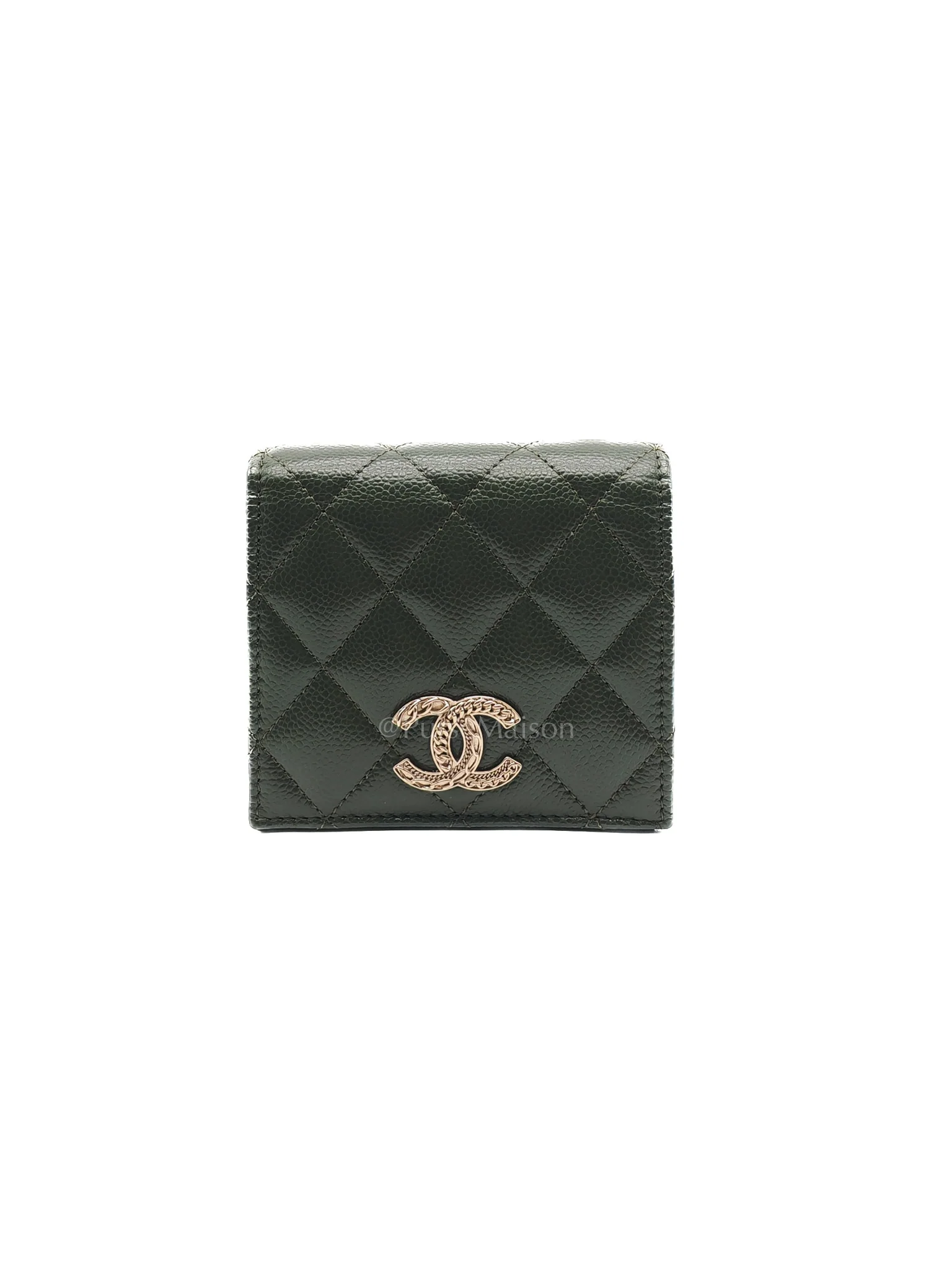 Chanel Twirling CC Logo Bi-Fold Wallet in Khaki Caviar Leather in Light Gold Hardware (Microchip)