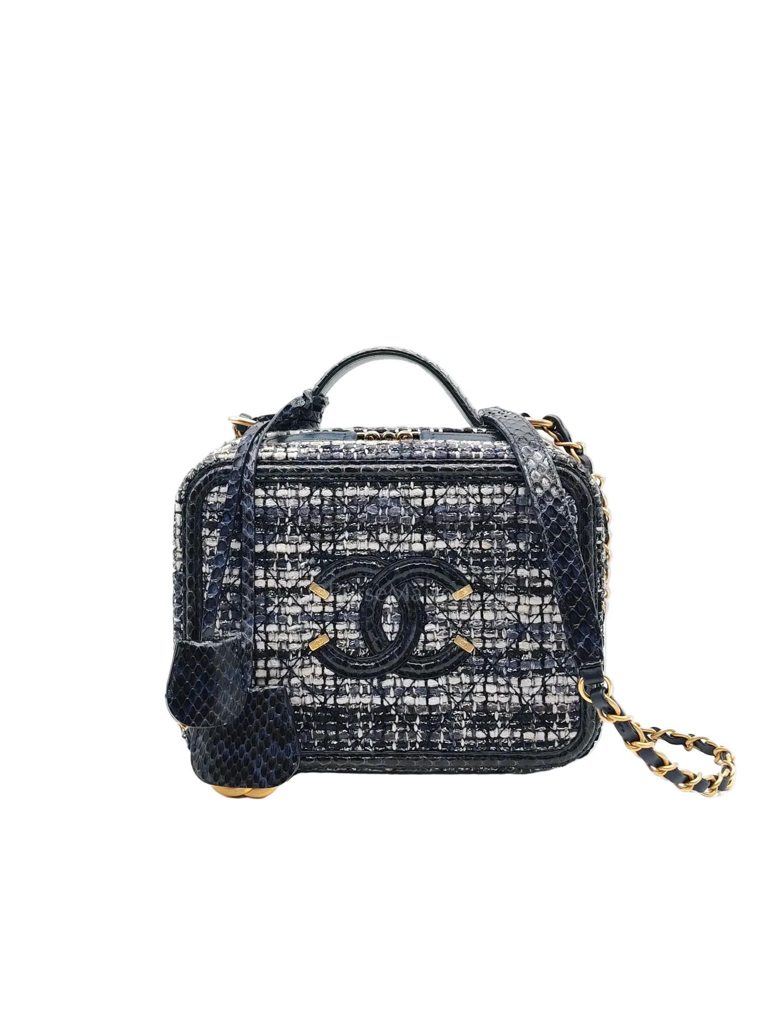 Chanel Vanity Case Filigree Medium in Navy Tweed Python Aged Gold Hardware (Series 25)