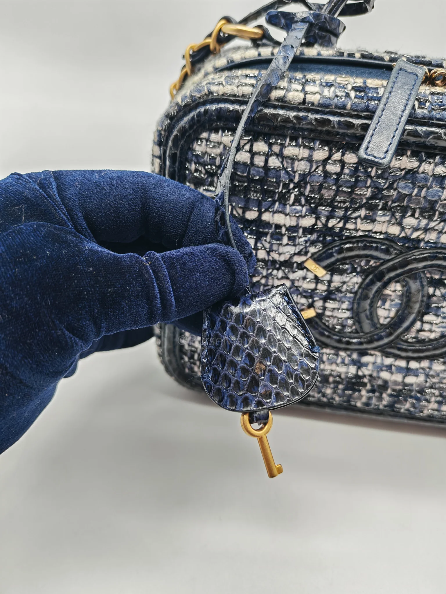 Chanel Vanity Case Filigree Medium in Navy Tweed Python Aged Gold Hardware (Series 25) - Image 18