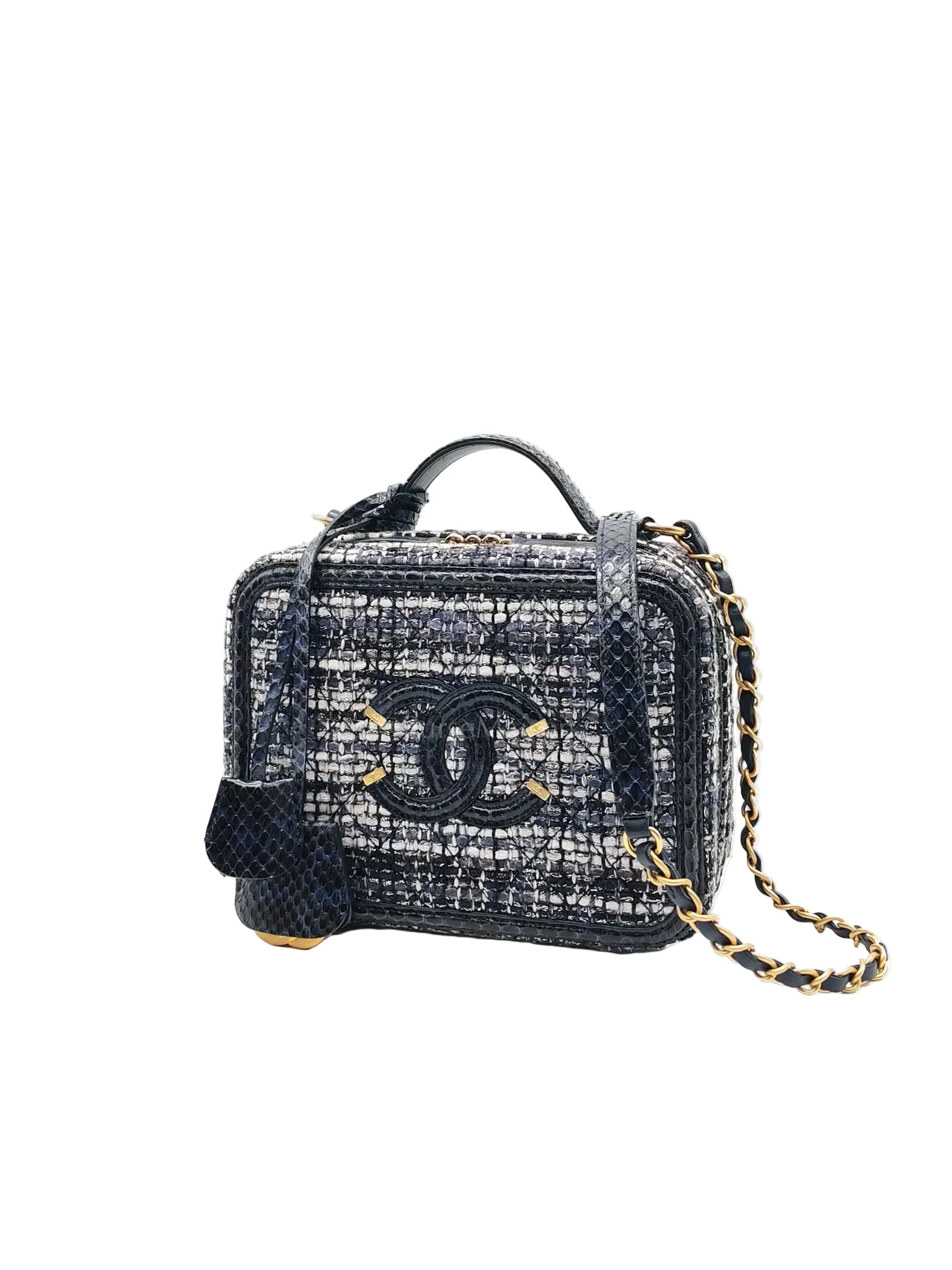 Chanel Vanity Case Filigree Medium in Navy Tweed Python Aged Gold Hardware (Series 25) - Image 3