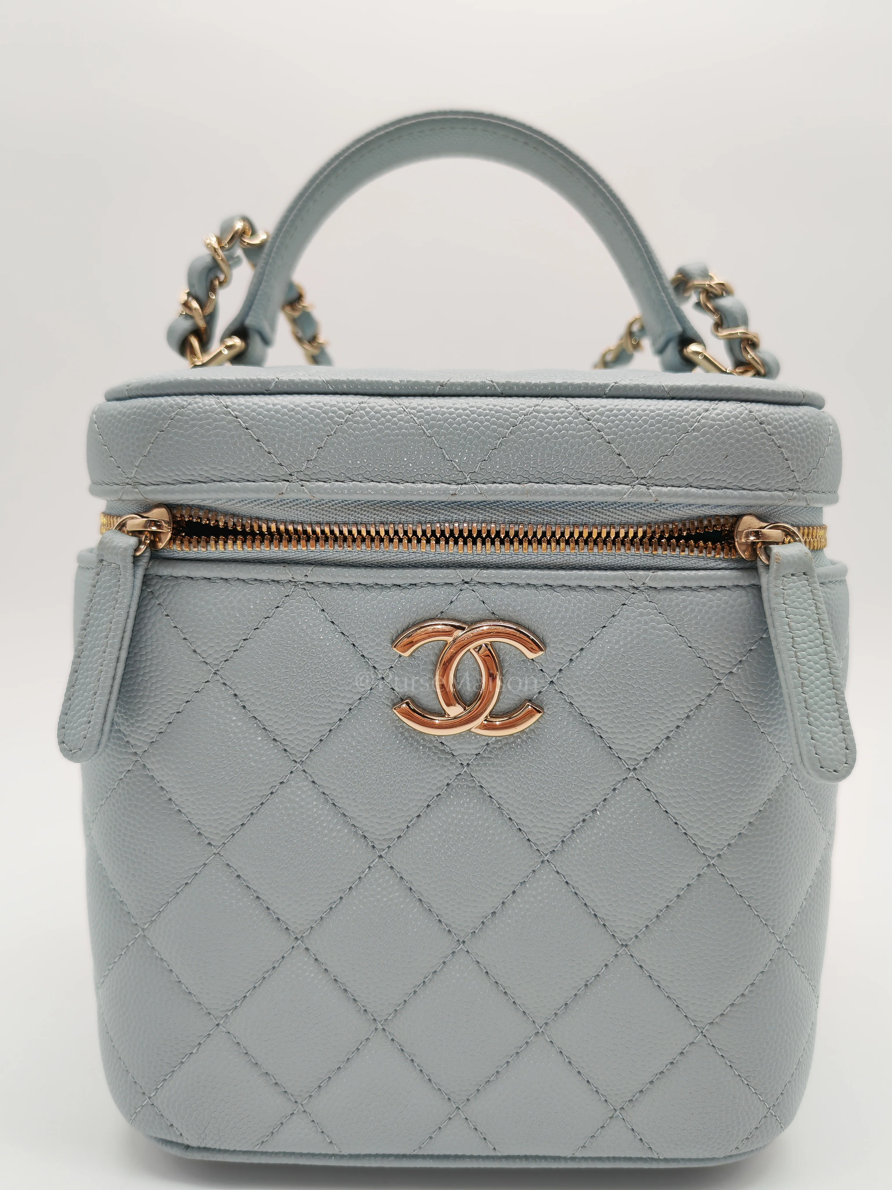 Chanel Vanity Case Small in Light Blue Quilted Caviar Leather & Light Gold Hardware Microchip - Image 16