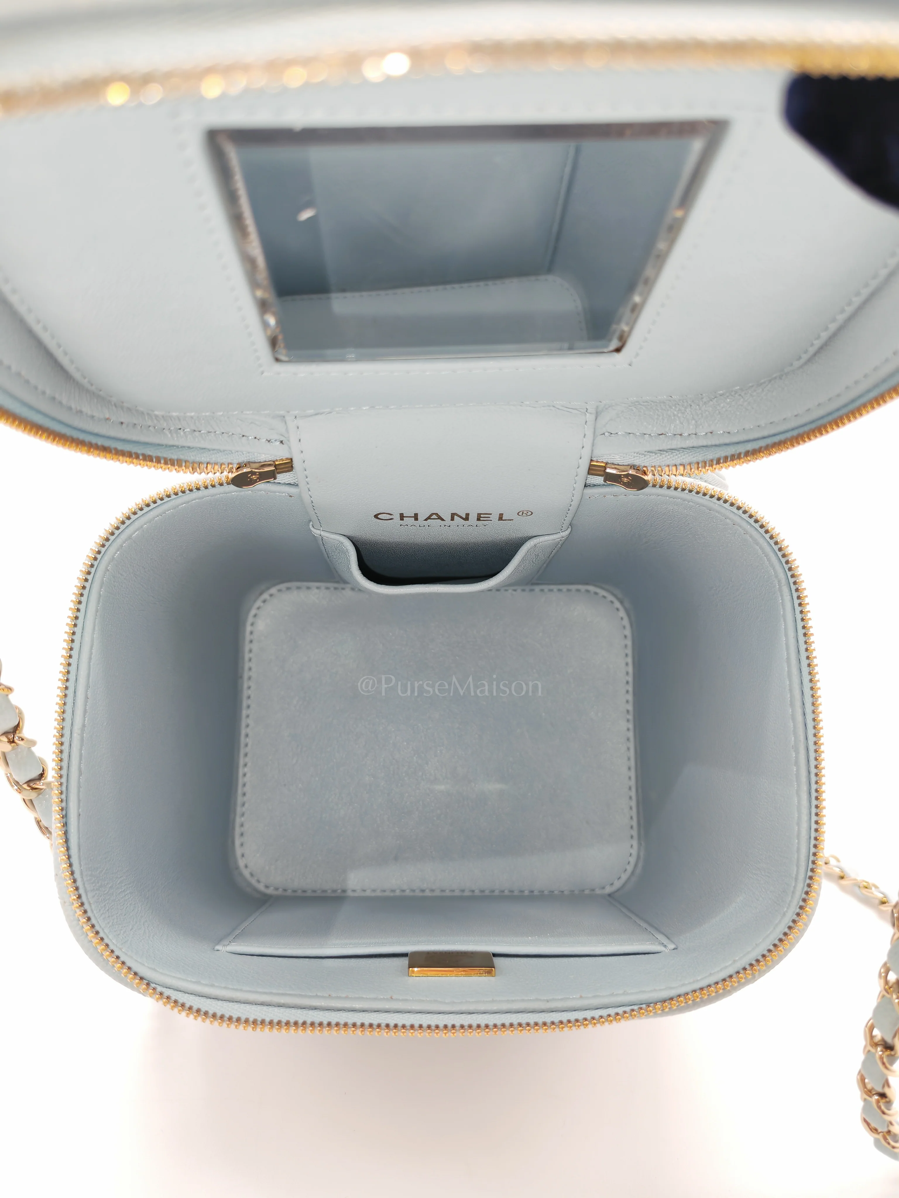 Chanel Vanity Case Small in Light Blue Quilted Caviar Leather & Light Gold Hardware Microchip - Image 25