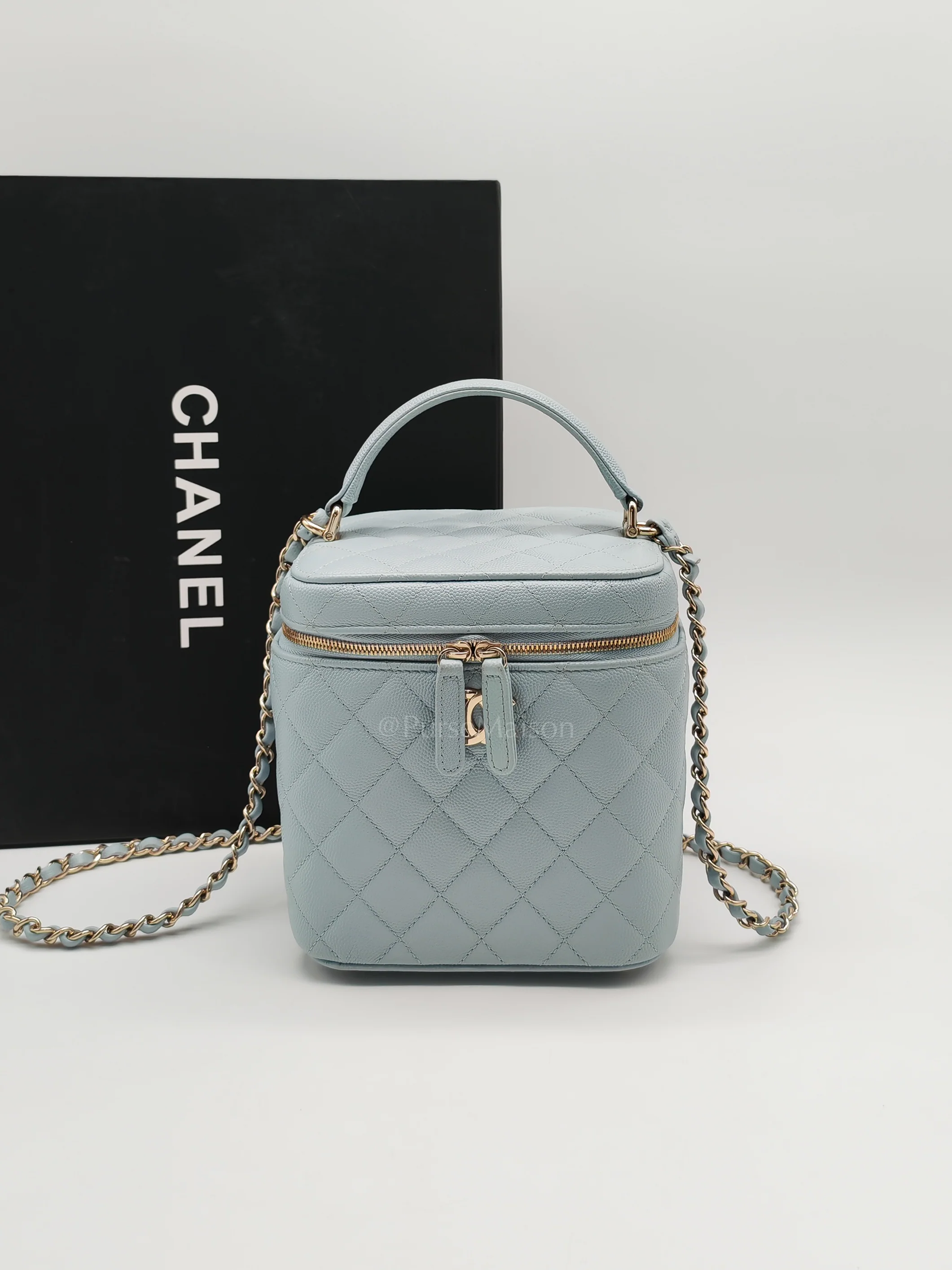 Chanel Vanity Case Small in Light Blue Quilted Caviar Leather & Light Gold Hardware Microchip - Image 29