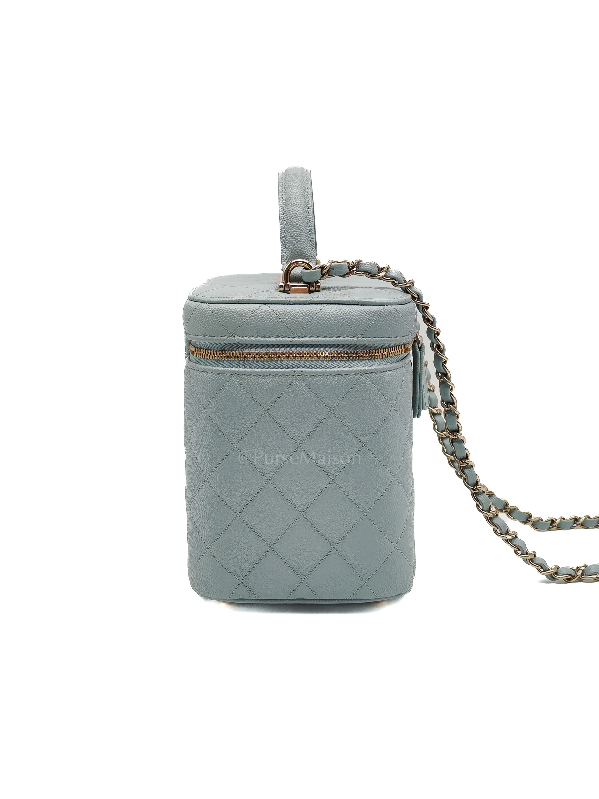 Chanel Vanity Case Small in Light Blue Quilted Caviar Leather & Light Gold Hardware Microchip - Image 6