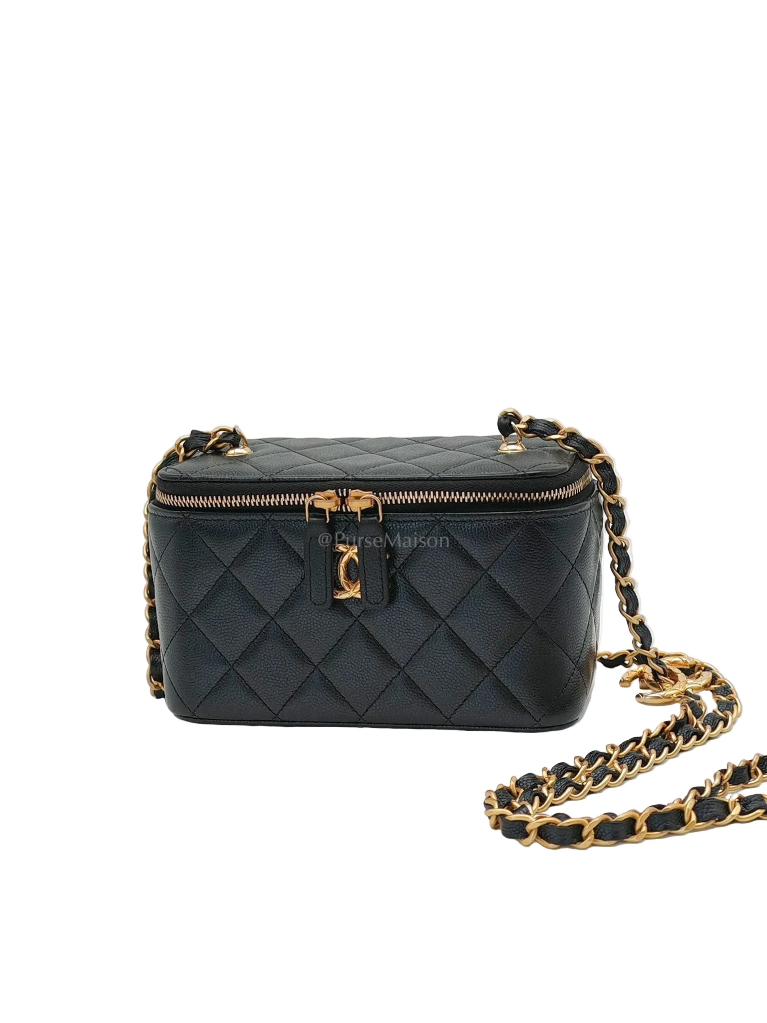 Chanel Vanity in Black Iridescent Caviar Leather and Aged Gold Hardware with Adjustable Chain Strap (Microchip) - Image 3