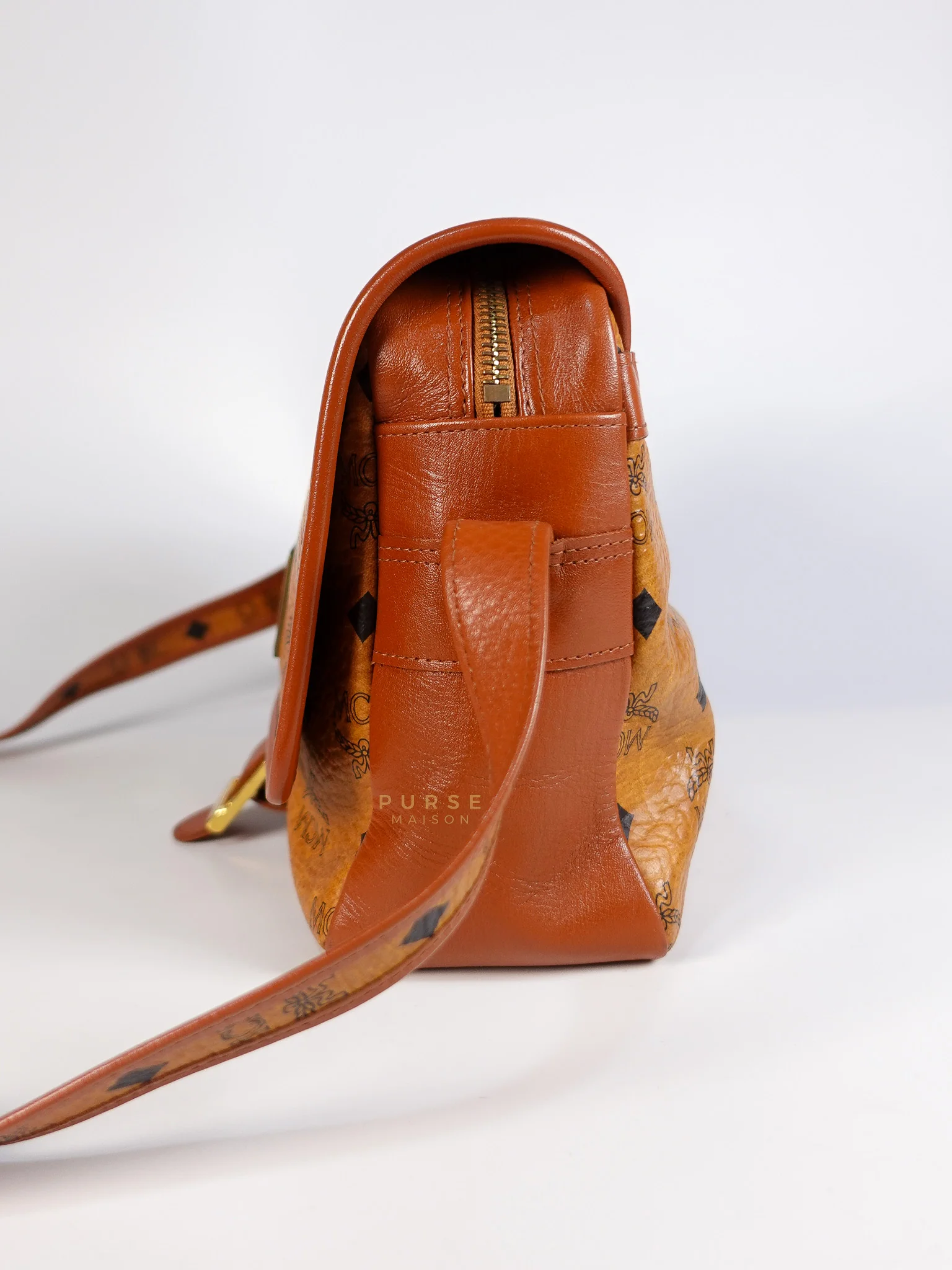 MCM Visetos Crossbody Bag Medium in Brown Gold Hardware - Image 6