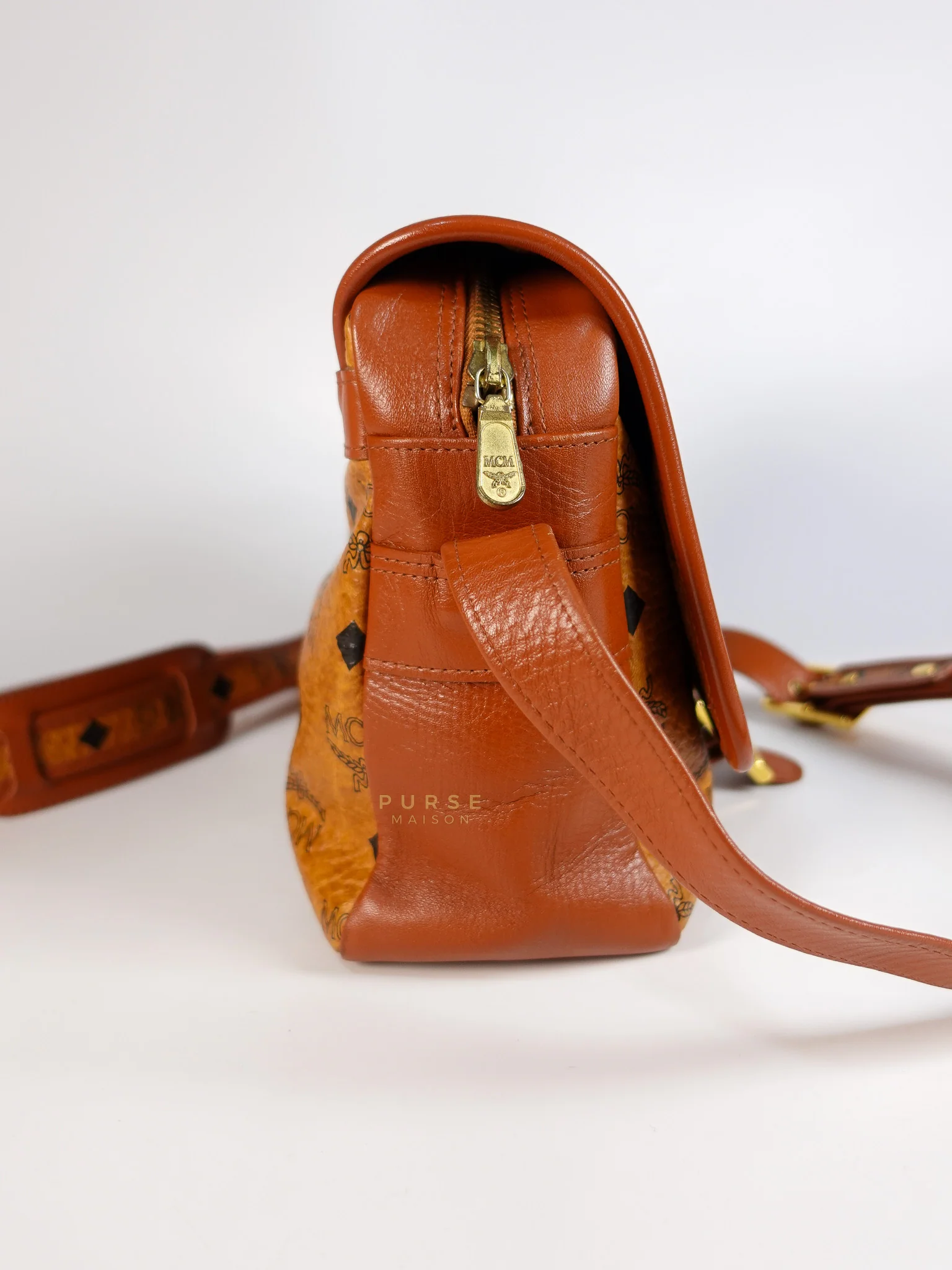 MCM Visetos Crossbody Bag Medium in Brown Gold Hardware - Image 7