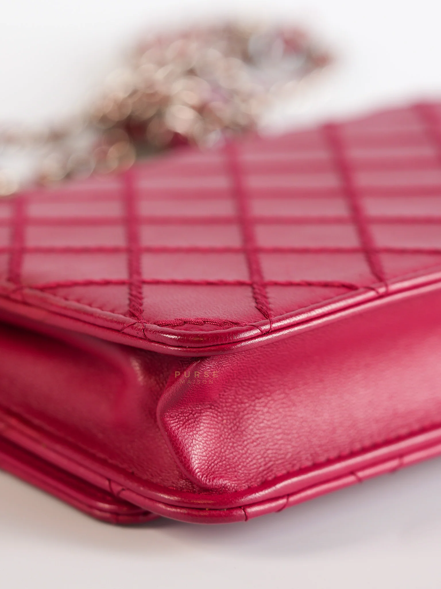 Chanel Fancy Wallet on Chain WOC Dark Pink Top Stitched Embroidered Lambskin Leather in Silver Hardware Series 19 - Image 10