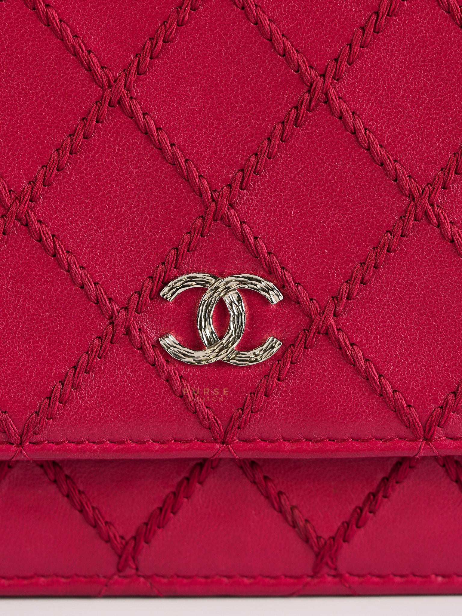 Chanel Fancy Wallet on Chain WOC Dark Pink Top Stitched Embroidered Lambskin Leather in Silver Hardware Series 19 - Image 17