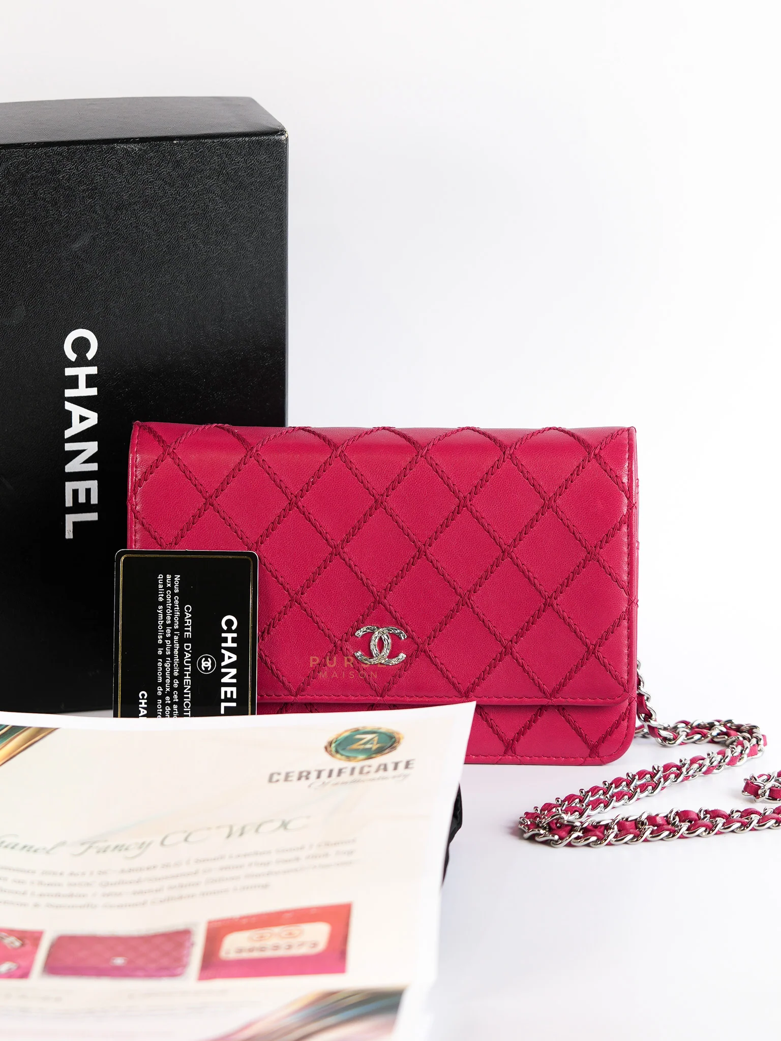 Chanel Fancy Wallet on Chain WOC Dark Pink Top Stitched Embroidered Lambskin Leather in Silver Hardware Series 19 - Image 26