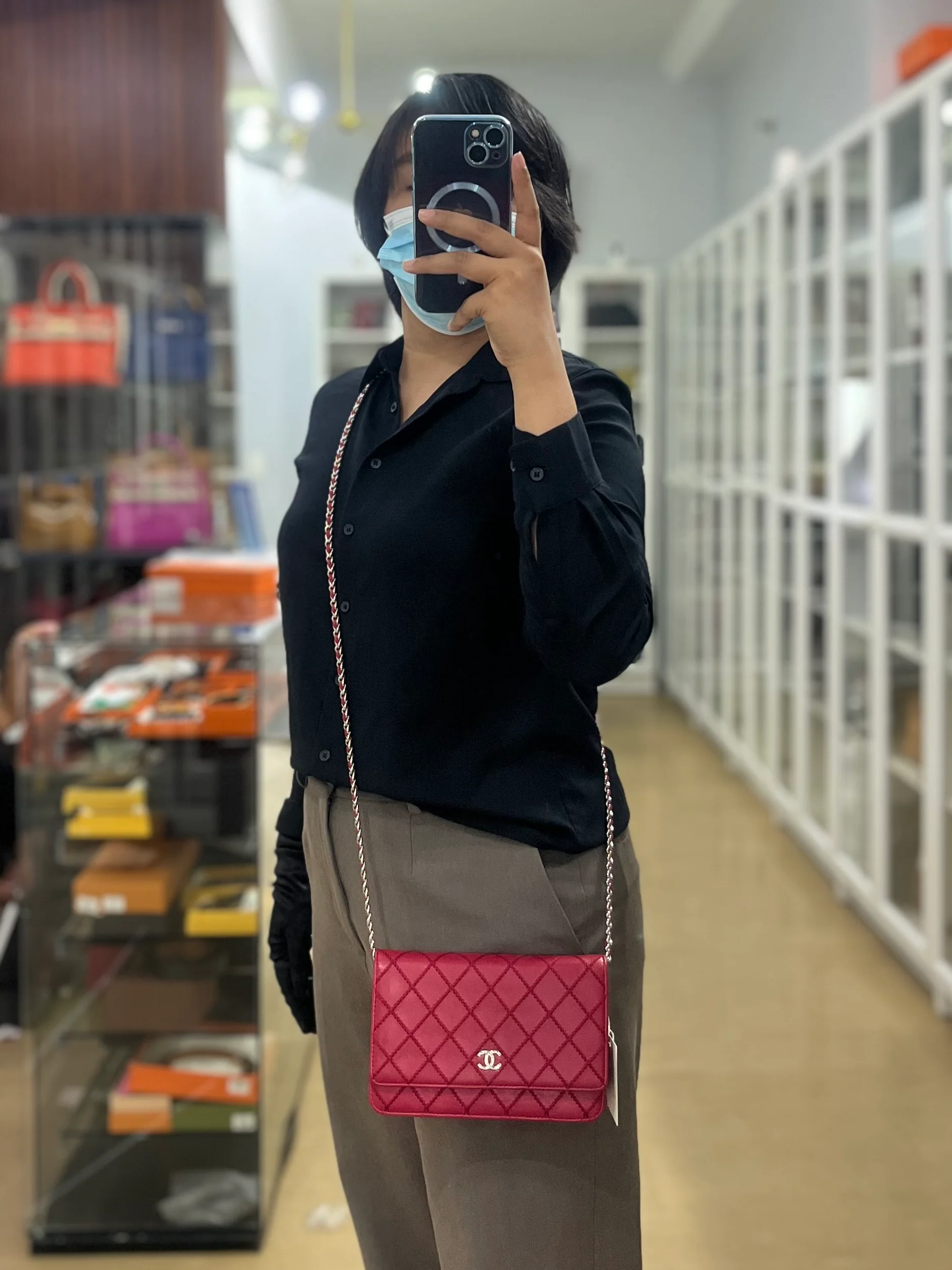 Chanel Fancy Wallet on Chain WOC Dark Pink Top Stitched Embroidered Lambskin Leather in Silver Hardware Series 19 - Image 27