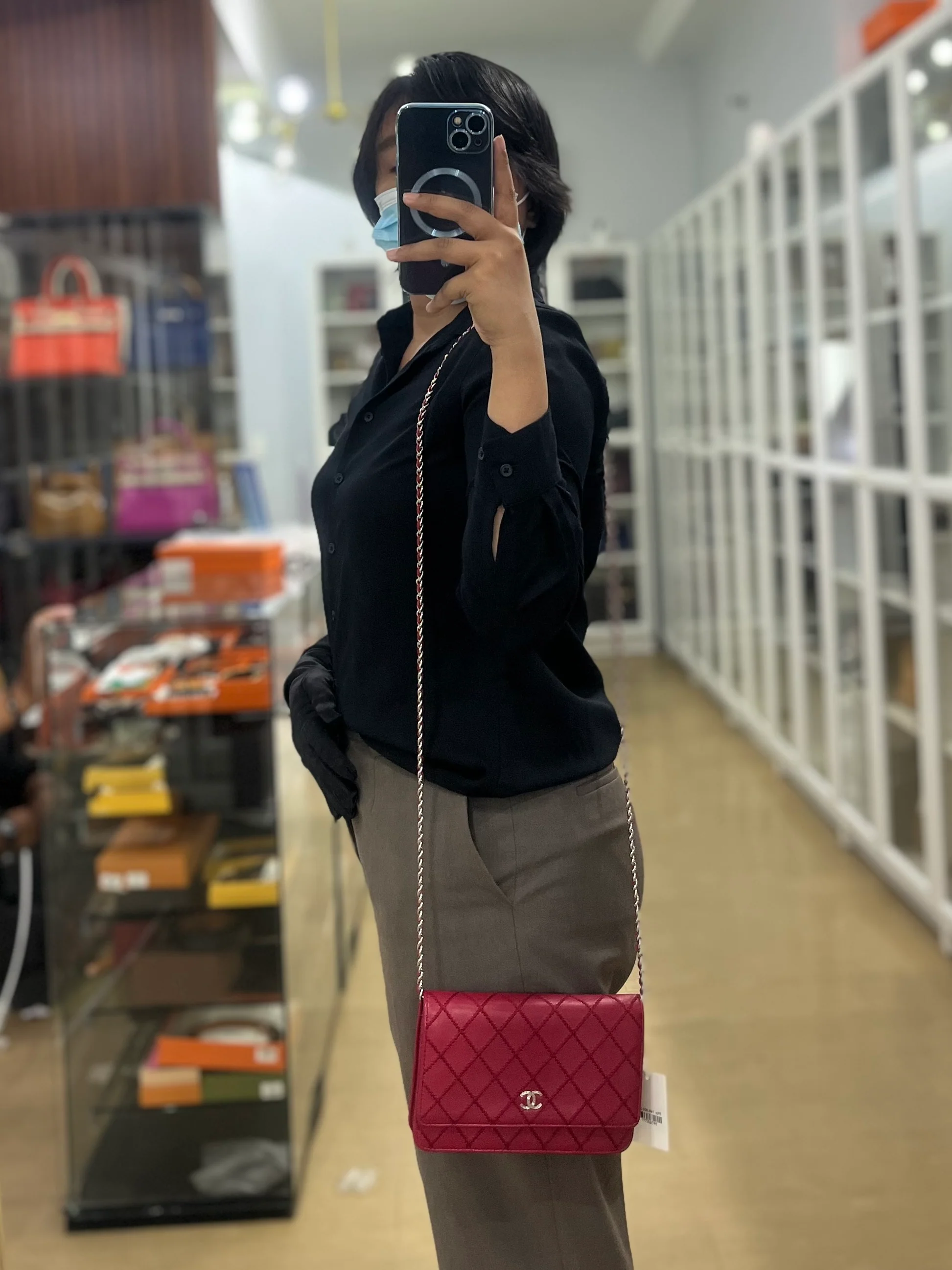 Chanel Fancy Wallet on Chain WOC Dark Pink Top Stitched Embroidered Lambskin Leather in Silver Hardware Series 19 - Image 28