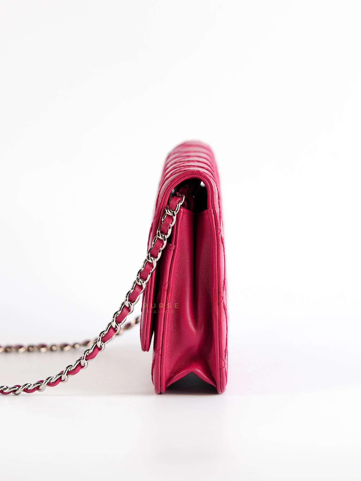 Chanel Fancy Wallet on Chain WOC Dark Pink Top Stitched Embroidered Lambskin Leather in Silver Hardware Series 19 - Image 6