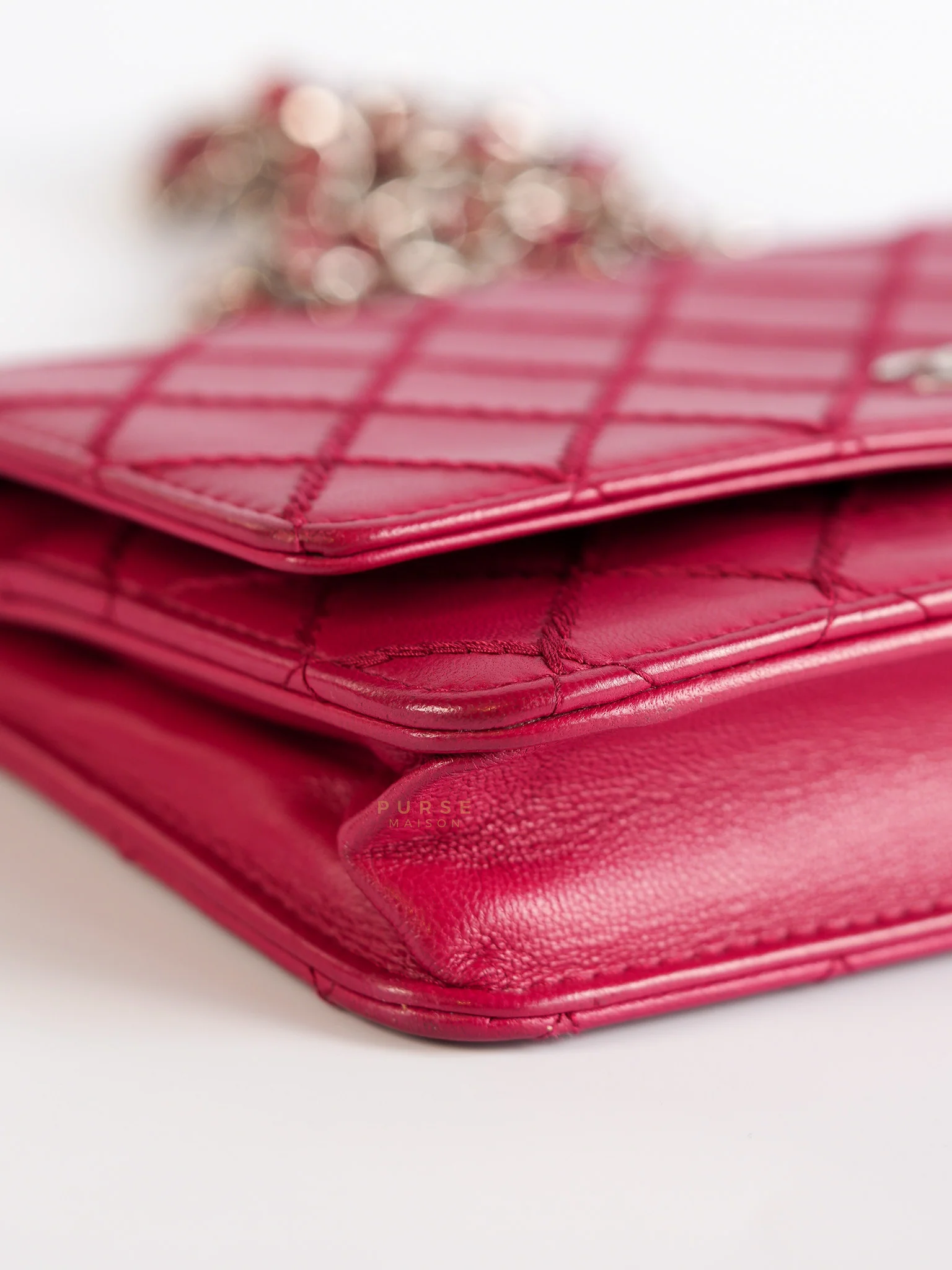 Chanel Fancy Wallet on Chain WOC Dark Pink Top Stitched Embroidered Lambskin Leather in Silver Hardware Series 19 - Image 7