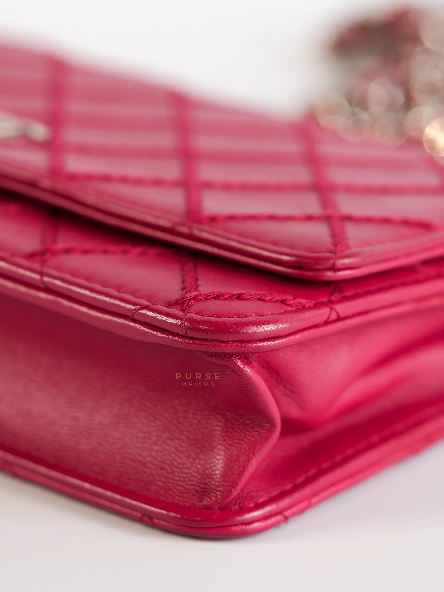 Chanel Fancy Wallet on Chain WOC Dark Pink Top Stitched Embroidered Lambskin Leather in Silver Hardware Series 19 - Image 8