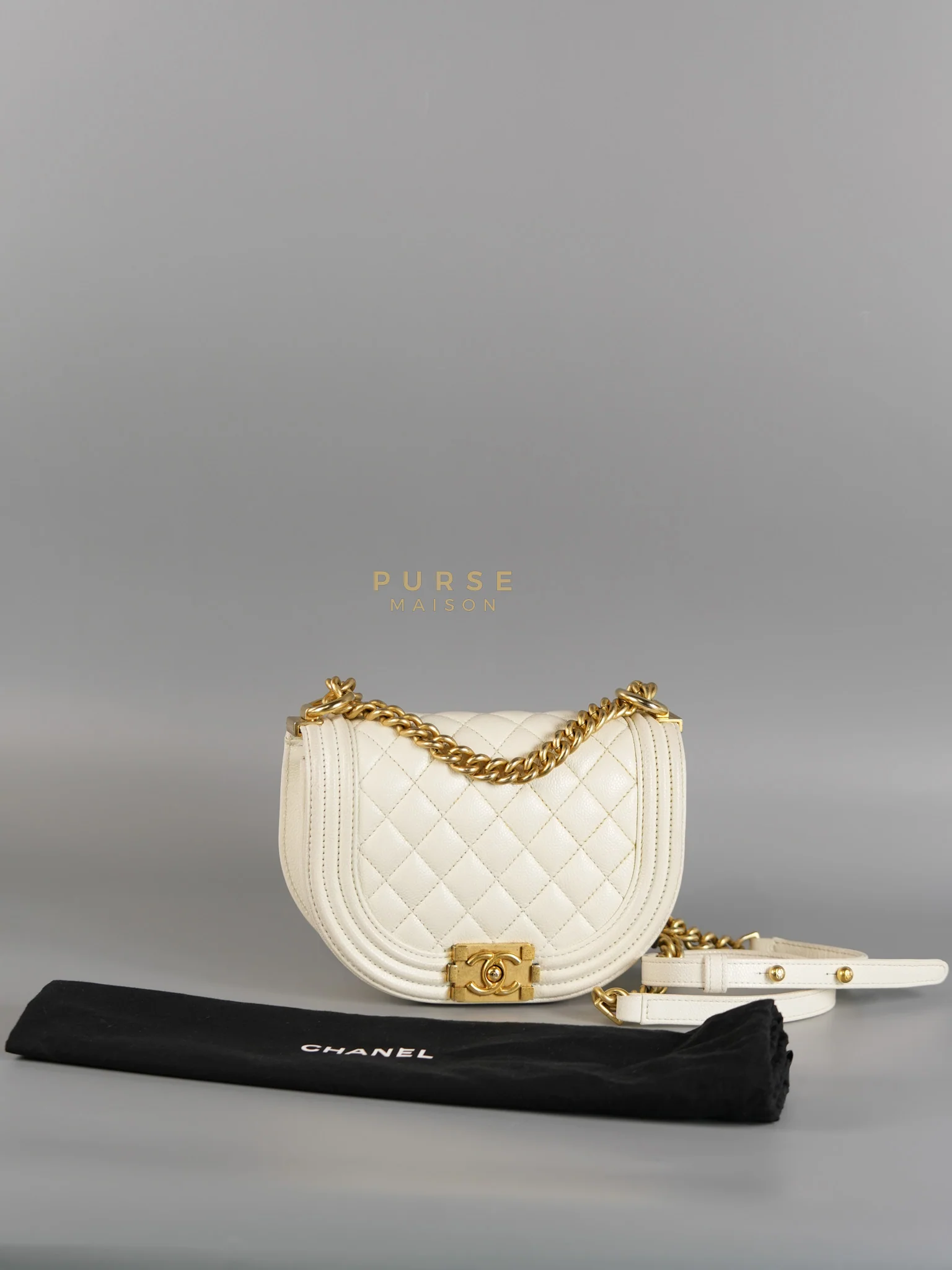 Chanel Boy Crescent White in Caviar Leather and Aged Gold Hardware (Microchip) - Image 69