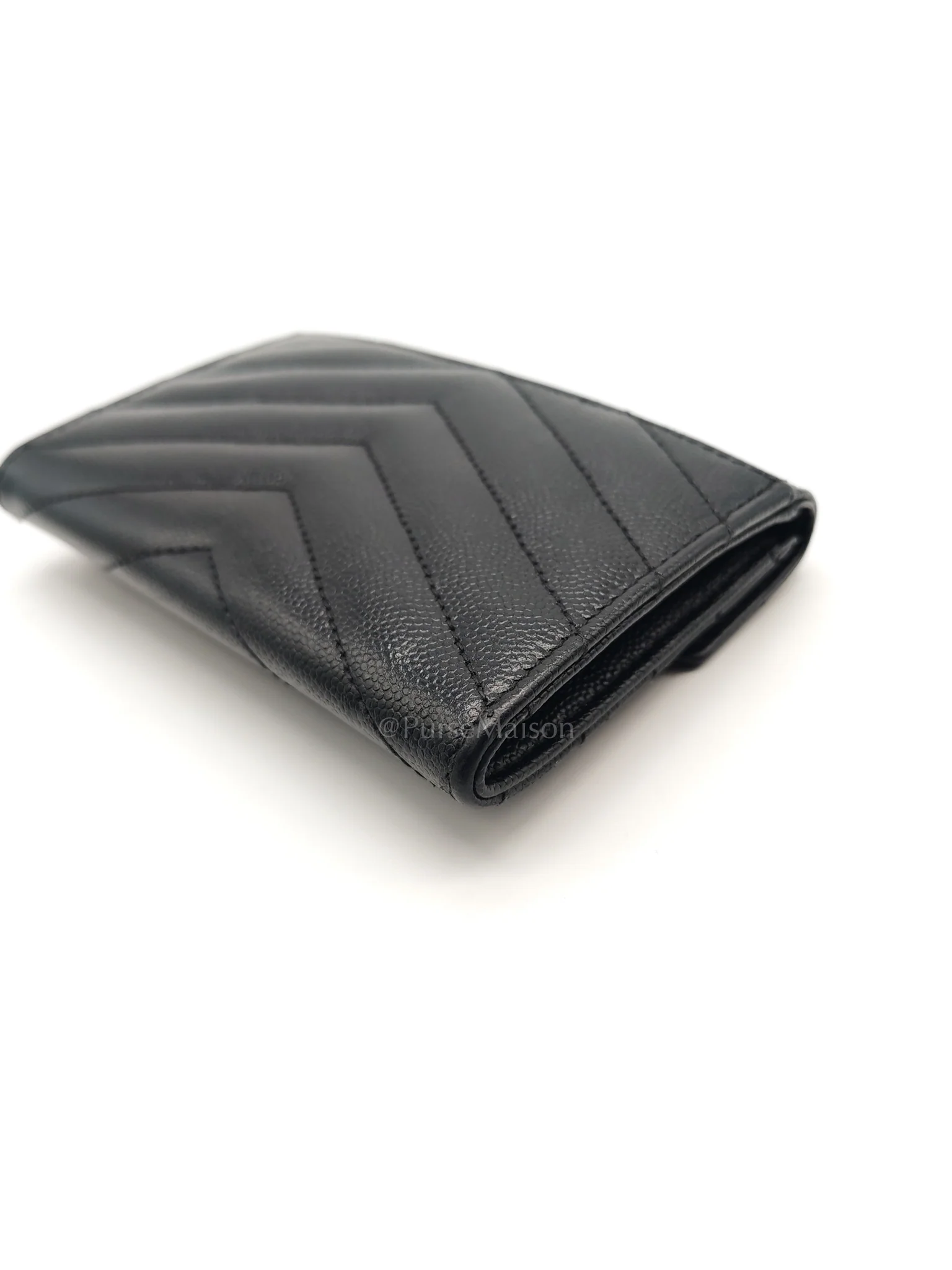 Yves Saint Laurent Chevron Wallet in Black Grain de Poudre Leather and Silver Hardware - Image 13